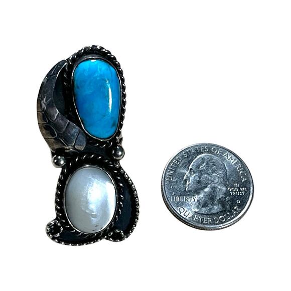 Huge Vintage Sterling Silver Mother of Pearl Turquoise Ring Southwestern Sz 6.25 - Picture 2 of 6